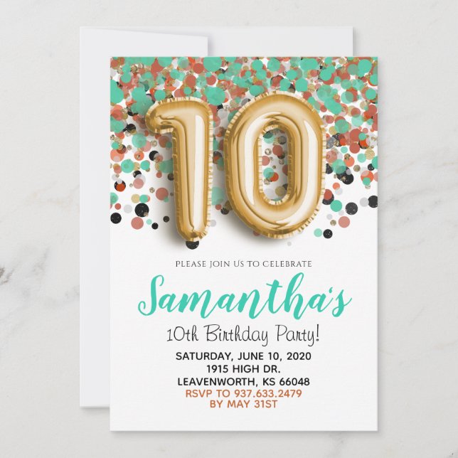 10. Geburtstag Gold Confetti Einladung (Vorderseite)