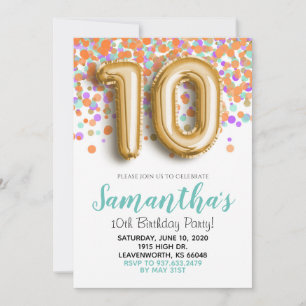 10. Geburtstag Gold Mint Orange Confetti Einladung