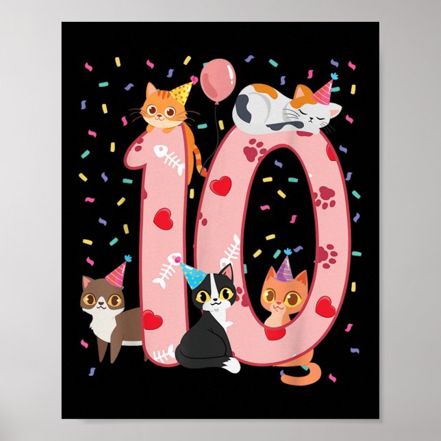 10. Geburtstag Mädchen Niedliche Katzenoutfit 10 J Poster (Vorne)