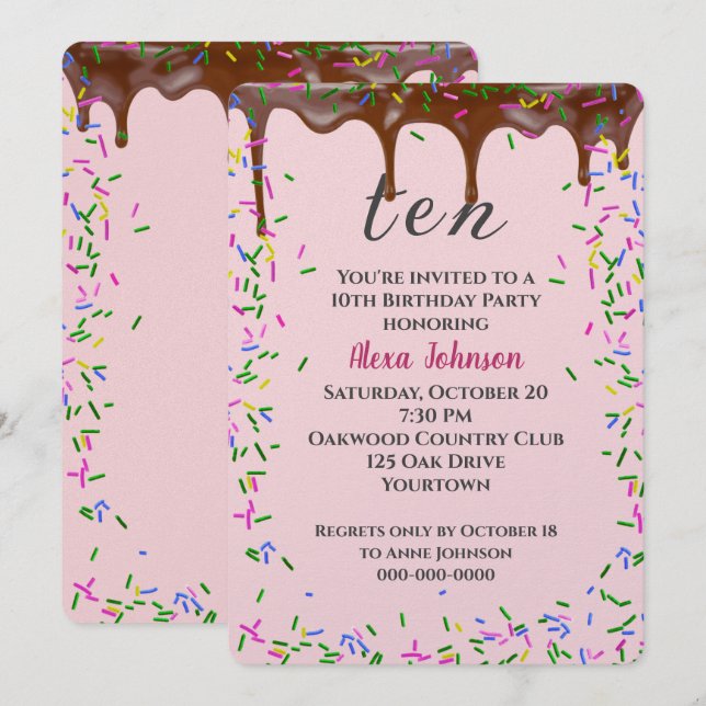 10. Geburtstag mit Schokoladeneis und Sprinklen Einladung (Vorne/Hinten)