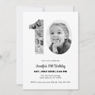 10. Geburtstag Nummer 10 FotoCollage Schwarz-weiß Einladung