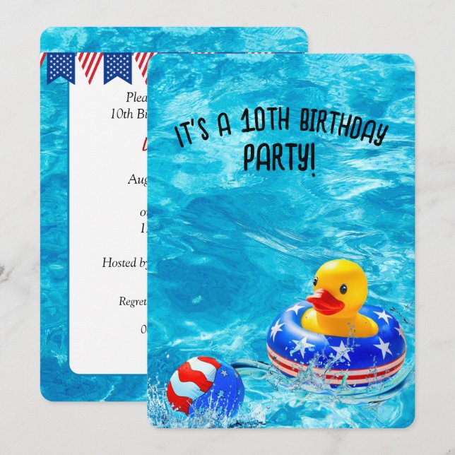 10. Geburtstag Pool Party mit gelber Ente Einladung (Vorne/Hinten)