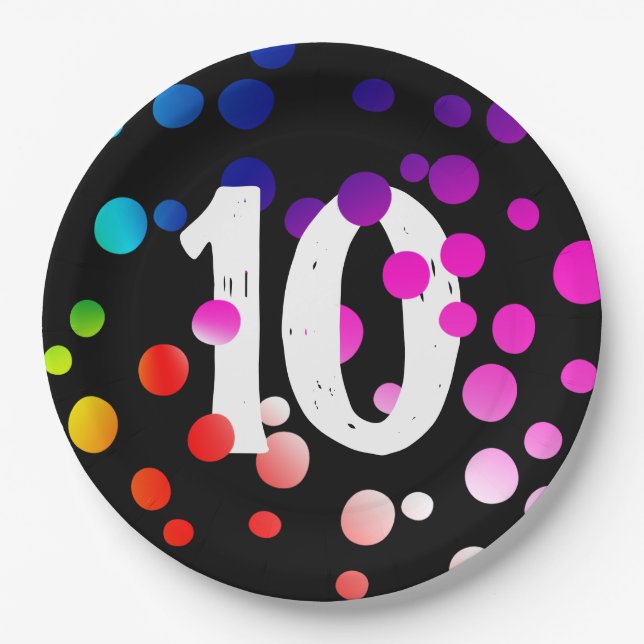 10. Geburtstag Rainbow Dots auf Black Paper Teller (Vorderseite)