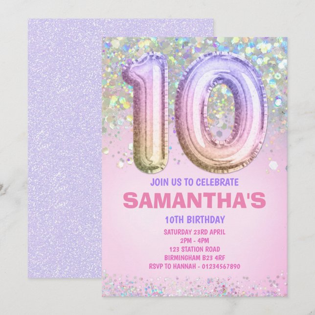 10. Geburtstag, Rainbow Glitzer Geburtstag Einladung (Vorne/Hinten)