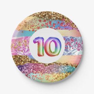 10. Geburtstag Regenbogen Glitzer buntes Party Pappteller