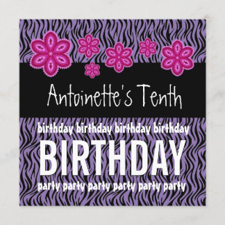 10. Geburtstag Rosa Blume und Lila Zebra A07 Einladung