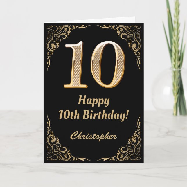 10. Geburtstag Schwarz und Gold Glitzer Rahmen Karte (Vorderseite)