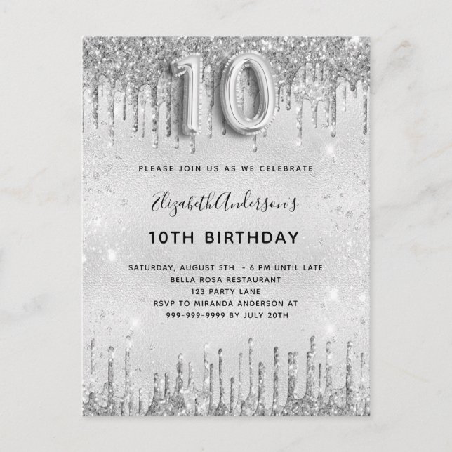 10. Geburtstag Silbermädchen Glitzer Einladungspostkarte (Vorderseite)
