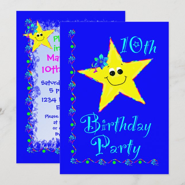 10. Geburtstags-Party-Stern-Einladung Einladung (Vorne/Hinten)