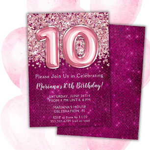 10. Geburtstagseinladung Mädchen Magenta Pink Glit Einladung