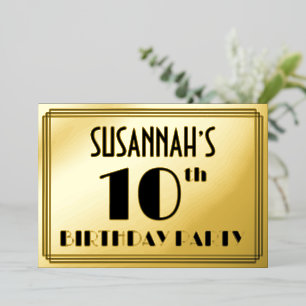 10. Geburtstagsfeier — Art Deco-Look „10“ + Name Folieneinladung