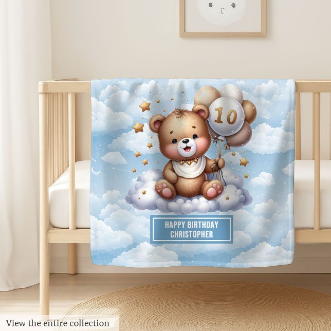 10. Geburtstagsgeschenktüte mit eigenem Teddynamen Fleecedecke (10th birthday gift blanket with custom teddy name)