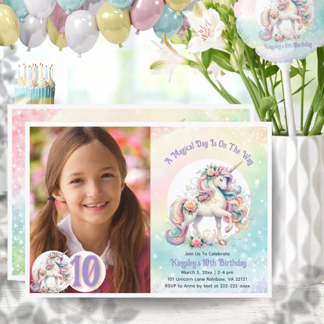 10. Geburtstagsparty Pastel Rainbow Einladung (10th Tenth Unicorn Birthday Party Pastel Rainbow Invitation)