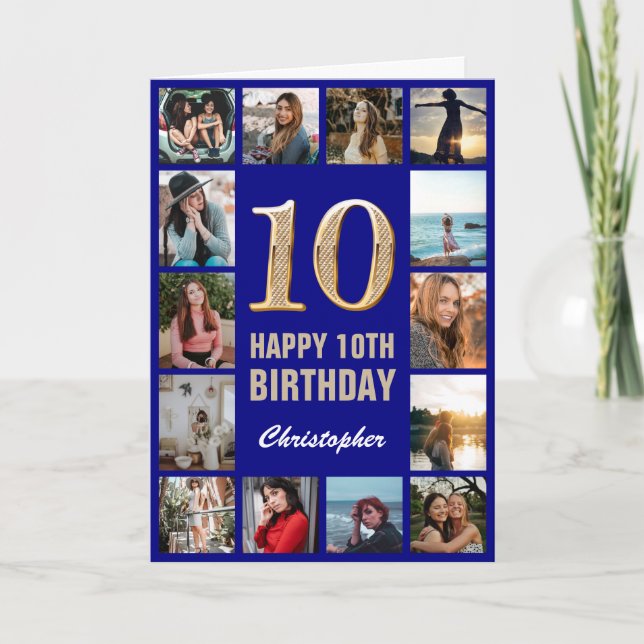 10. Happy Birthday Navy Blue & Gold Foto Collage Karte (Vorderseite)