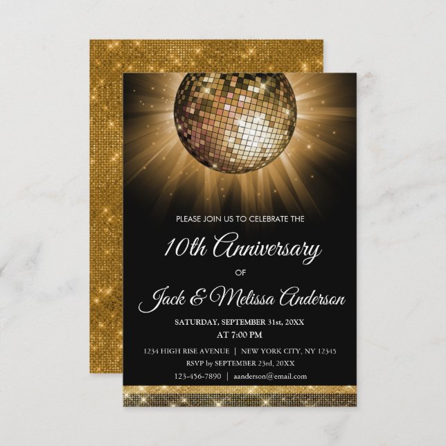 10. Hochzeitstag Party Gold Disco Ball Einladung (Vorne/Hinten)