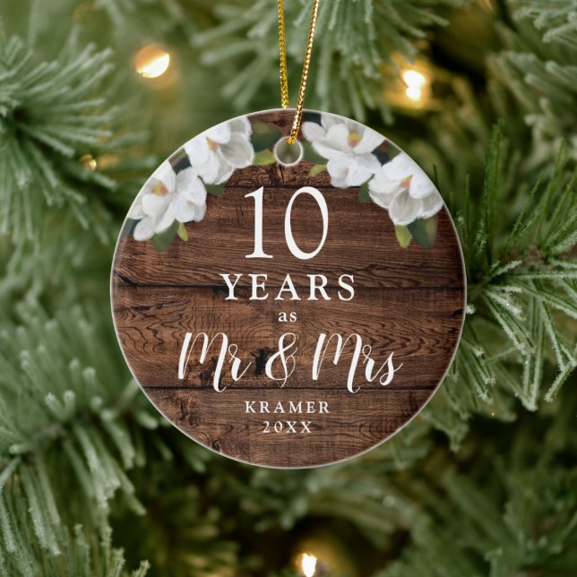 10 Jahre als Personalisiert Rustikaler Jahrestag Keramik Ornament (Baum)