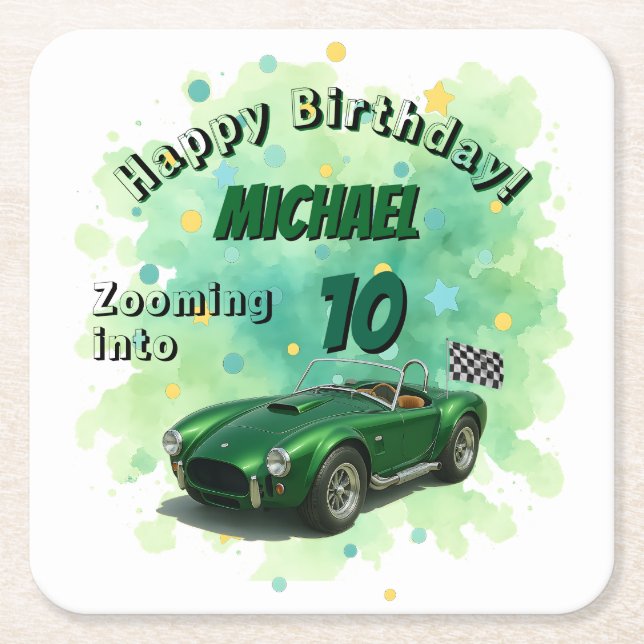 10 Jahre alt Geburtstagsparty Green Racing Car Rechteckiger Pappuntersetzer (Vorderseite)