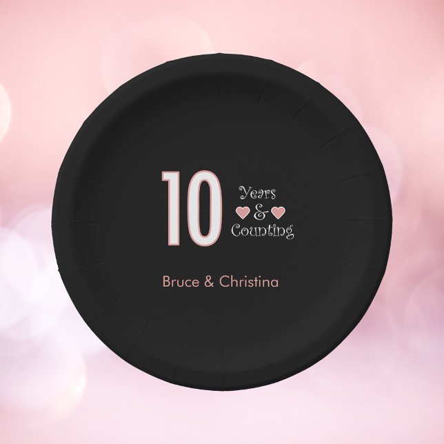 10 Jahre und Feiertage-Platte Pappteller (A paper plate for a 10th anniversary party that says 10 years & counting.  The names can be changed.)