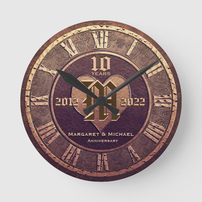 10 Jahre Vintager Kupferschauspiel Hochzeit Jahres Runde Wanduhr (Vorderseite)