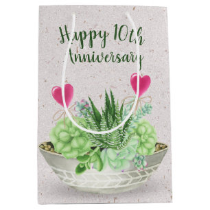 10. Jubiläum rosa Herzen in Sukkulenten Mittlere Geschenktüte