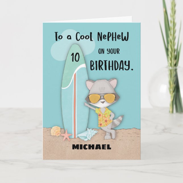 10 Nephew Geburtstag Strand Funny Cool Raccoon Karte (Vorderseite)