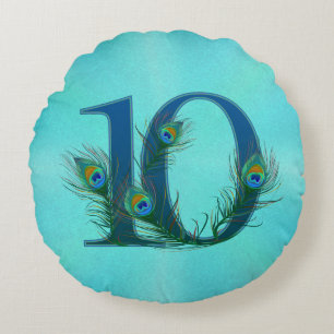 10 Pfauenfeder-Jubiläum Elegant Rundes Kissen