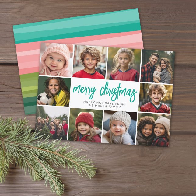 10 Photo Collage - Merry Christmas Color Blocks Feiertagskarte (Modern online Christmas Card with 10 Photos and a bounce script for the greeting - download option)