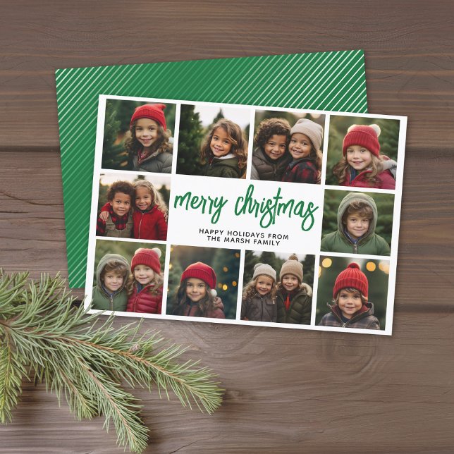 10 Photo Collage - Merry Christmas Green Stripes Feiertagskarte (10 Photo Modern Christmas Card - Bounce Calligraphy - green background - download option available)