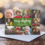 10 Photo Collage - Merry Christmas Retro Stripes Feiertagskarte<br><div class="desc">Deep green retro stripe pattern -- Use 10 square photos and make a unique and trendy Merry Christmas greeting with a rustic modern script on the front and a festive line art pattern on the back. If you need to move anything around, click on the customize button to make changes....</div>