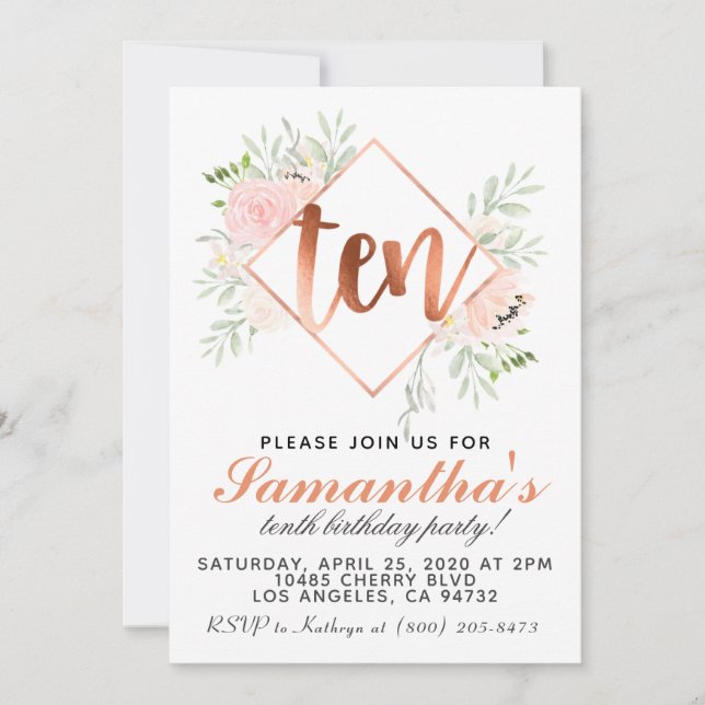 10. Rose Gold Geburtstag Einladung (Vorderseite)