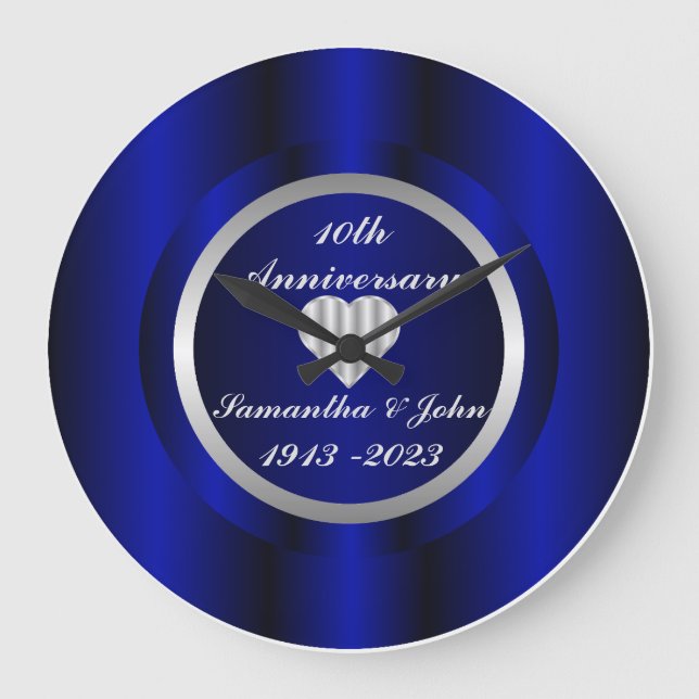 10. Royal Blue Silver Wedding Anniversary Large C Große Wanduhr (Vorderseite)
