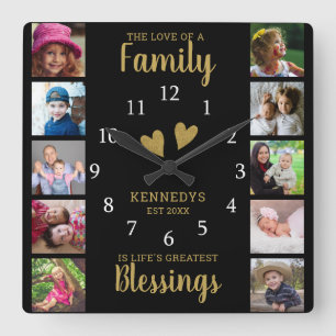 10 Square Foto Collage Familienangebot Black Gold Quadratische Wanduhr