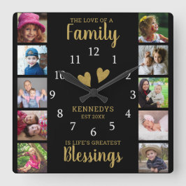 10 Square Foto Collage Family Quote Black Gold Quadratische Wanduhr