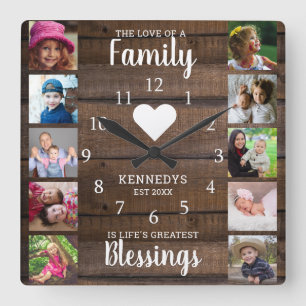 10 Square Foto Collage Family Quote Dunkles Holz Quadratische Wanduhr