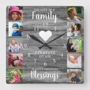 10 Square Foto Collage Family Quote Graues Holz Quadratische Wanduhr
