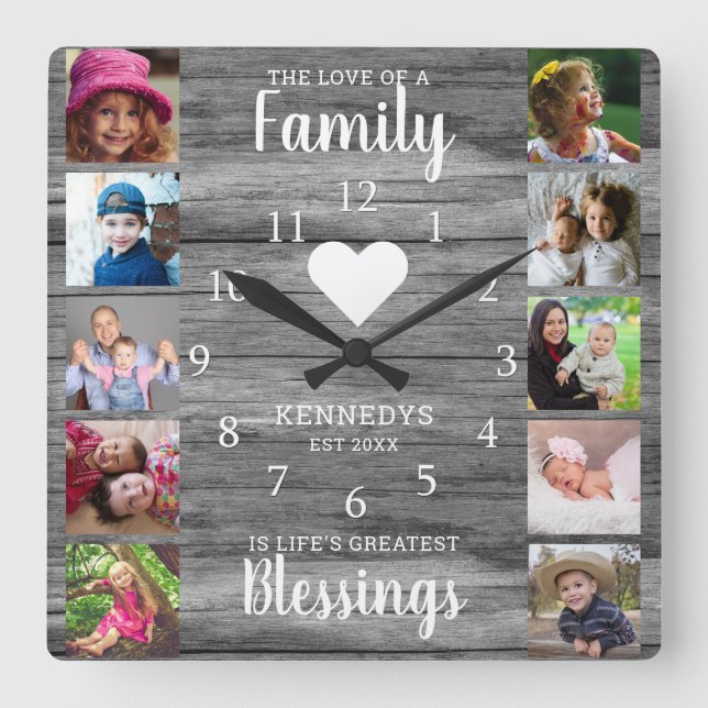 10 Square Foto Collage Family Quote Graues Holz Quadratische Wanduhr (Vorderseite)