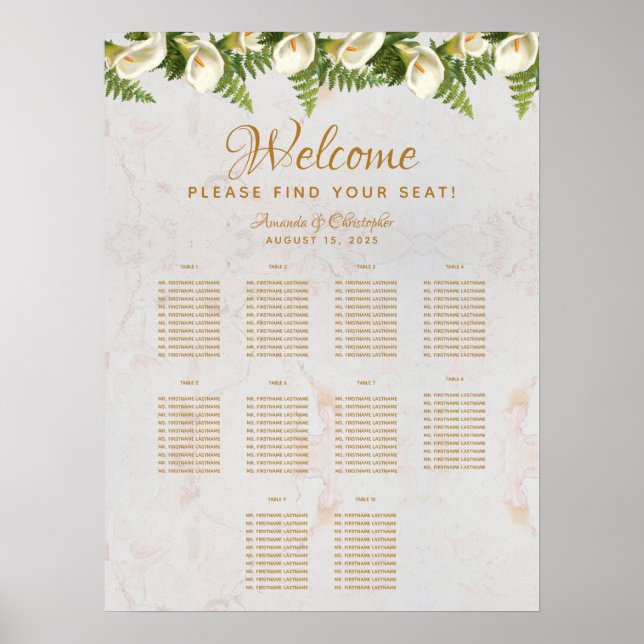 10 Tabelle Hochzeitskarte Calla Lilies Marmor Poster (Vorne)