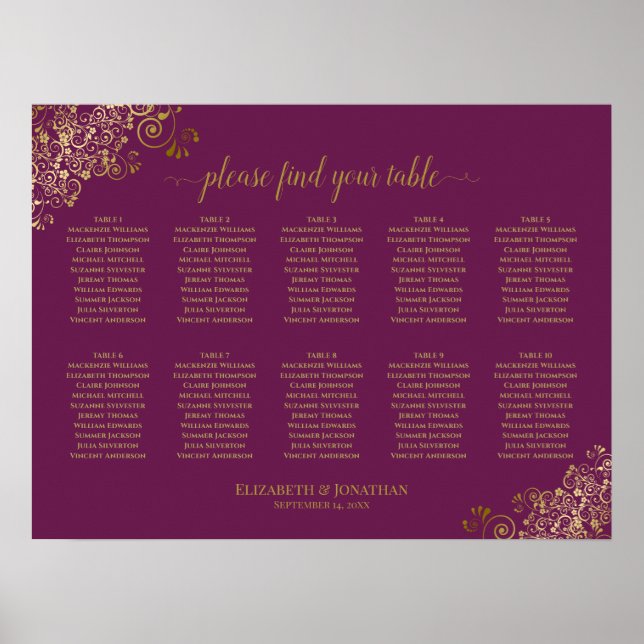 10 Tabelle Hochzeitskarte Magenta & Gold Poster (Vorne)
