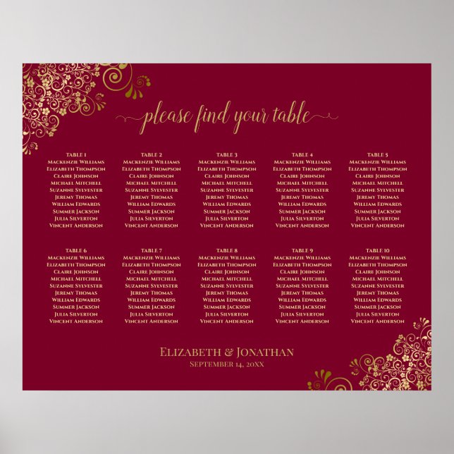 10 Table Gold Frills on Burgundy Elegant Wedding Poster (Vorne)