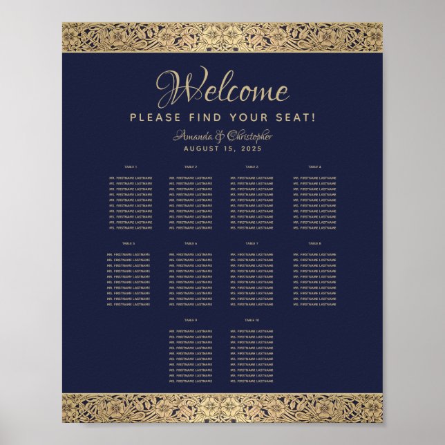 10 Table Navy Blue Wedding Seating Chart Gold Rose Poster (Vorne)