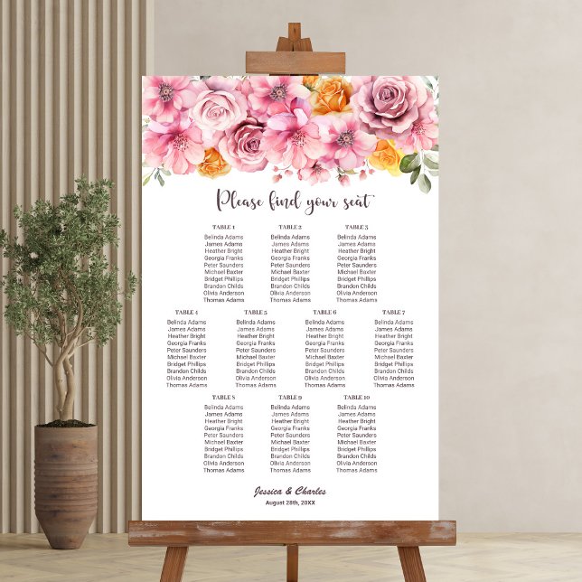 10 Tische Elegante rosa Blumen Hochzeit Sitzordnun Poster (Von Creator hochgeladen)