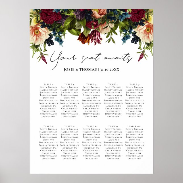 10 Tische Moody Floral Burgundy Hochzeitssitze Poster (Vorne)