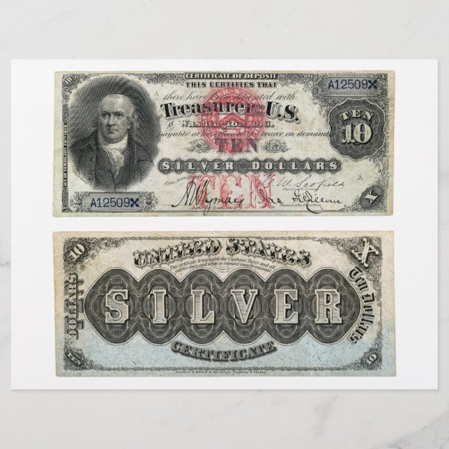 10 US-Dollar Banknotensilberzertifikat 1878 (Vorderseite)