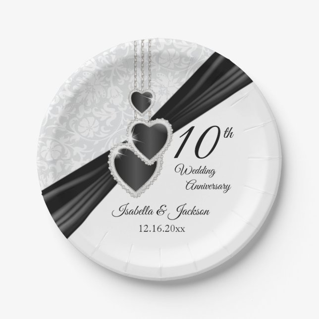 10. weißer Damast mit schwarzen Akzenten Pappteller (Vorderseite)