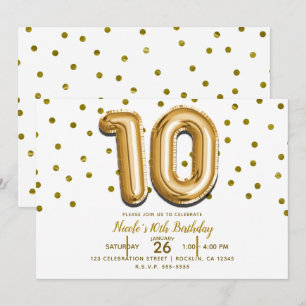 10 Zehn Goldene Luftballon Konfetti 10. Geburtstag Einladung