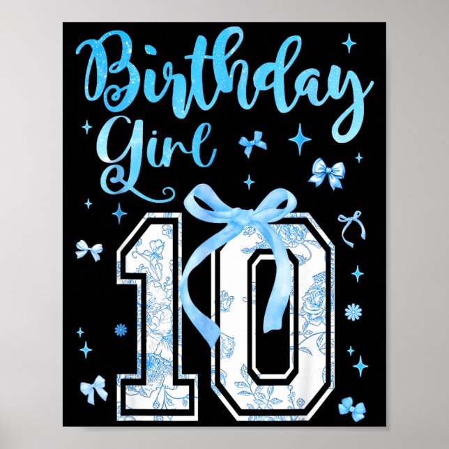 10th Birthday Girl Blue Toile Coquette Bow 10 Year Poster (Vorne)