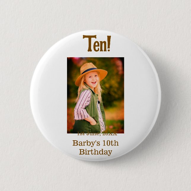 10th birthday photo name date simple brown beige b button (Vorderseite)