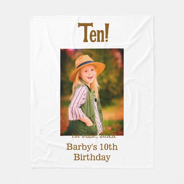 10th birthday photo name date simple brown beige b fleecedecke (Vorderseite)