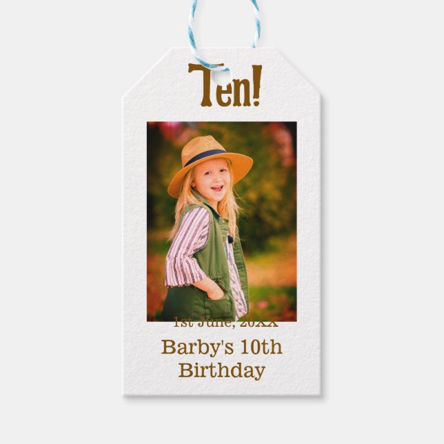 10th birthday photo name date simple brown beige b geschenkanhänger (Vorderseite)