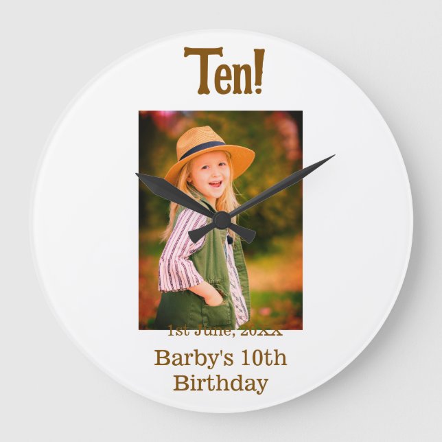 10th birthday photo name date simple brown beige b große wanduhr (Vorderseite)